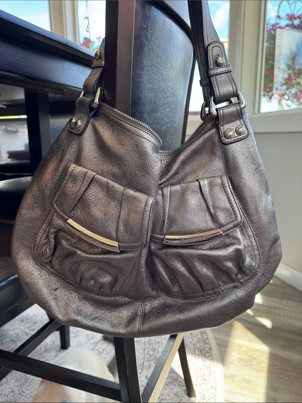 b. makowsky Metallic Gray Leather Hobo Shoulder Bag